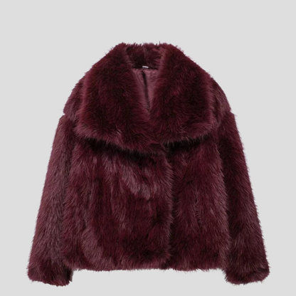 Burgundy faux fur jacket with a wide collar