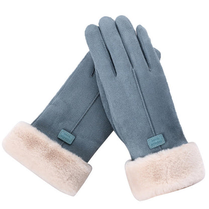 Dusty blue fleece lined gloves with a faux fur cuff