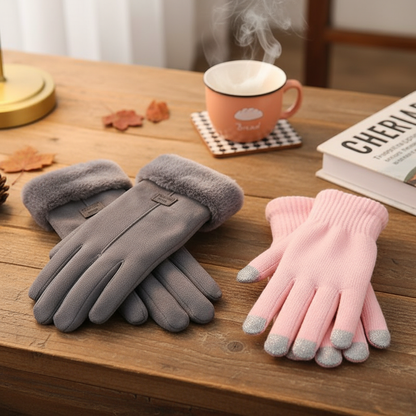 Gray fleece lined gloves on a table next to a mug