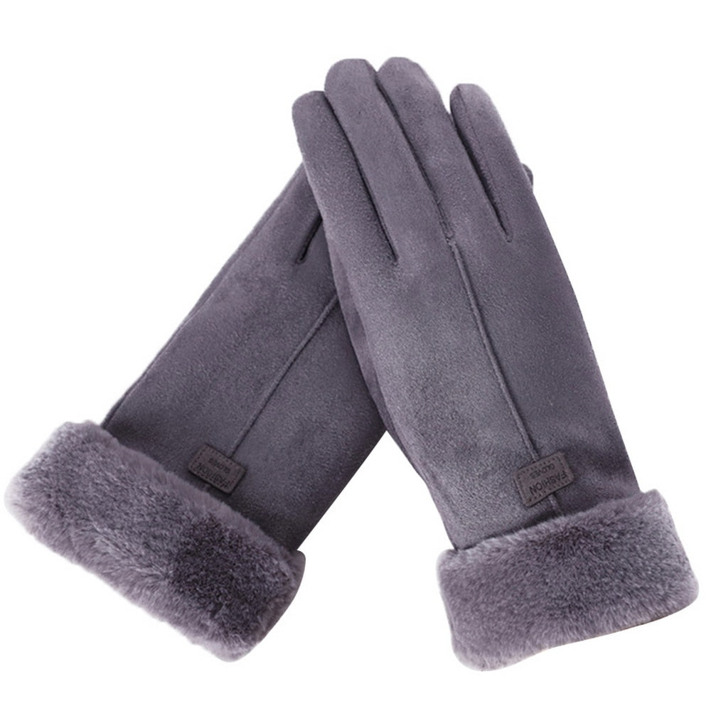 Gray faux suede gloves with a plush faux fur cuff