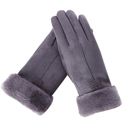 Gray faux suede gloves with a plush faux fur cuff