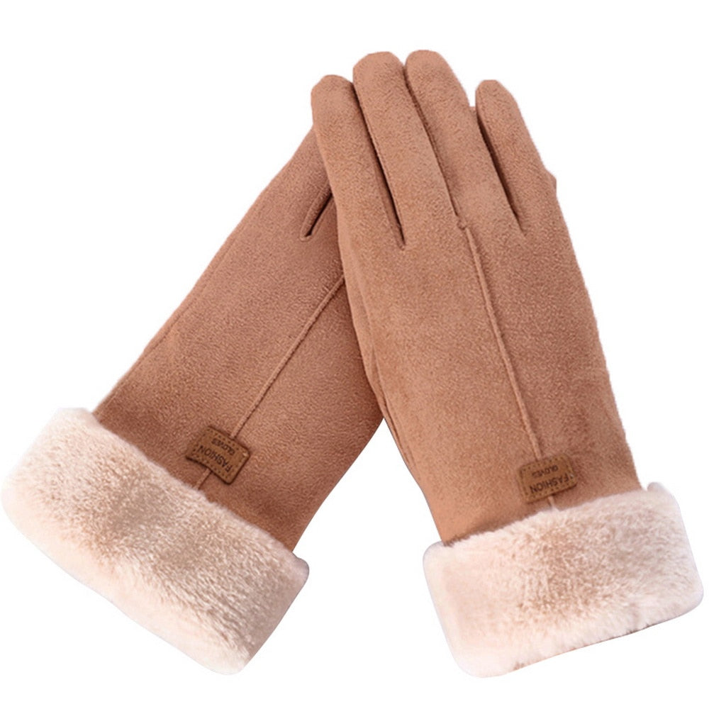 Camel faux suede fleece lined gloves with a cream cuff
