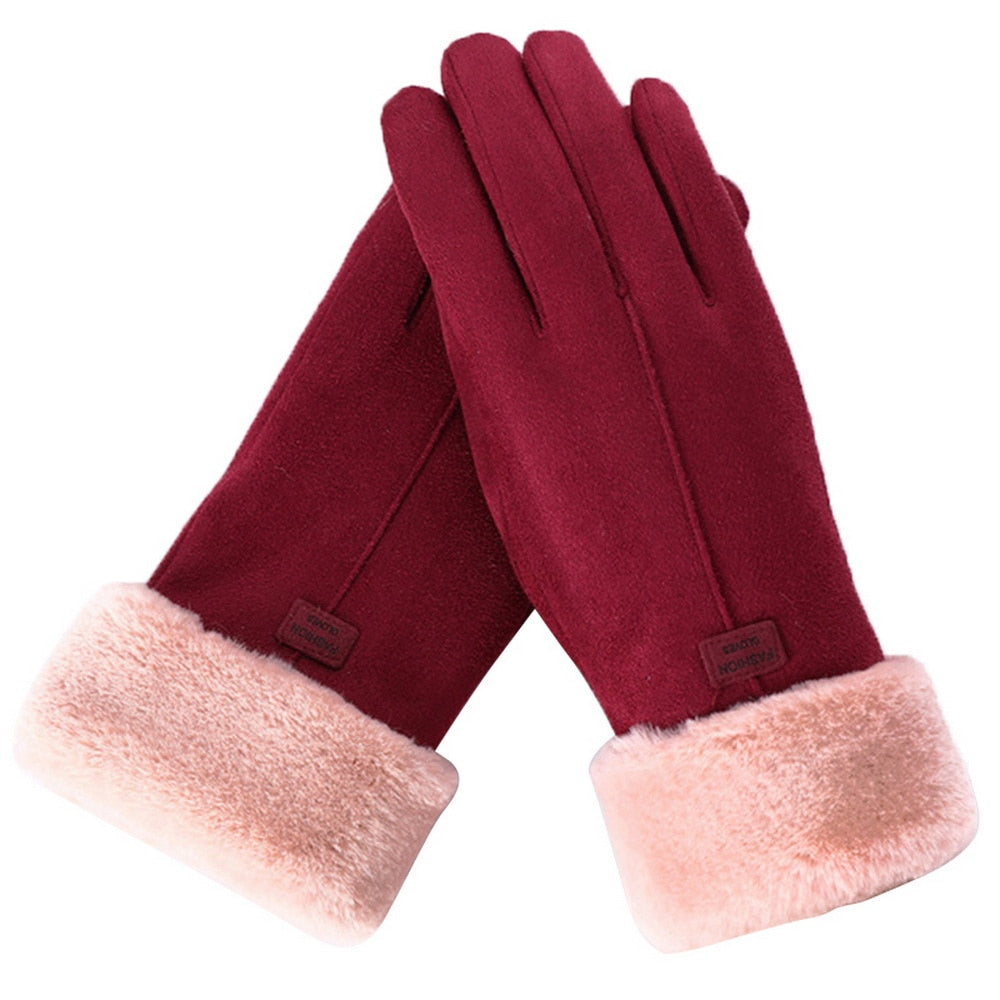 Burgundy red fleece lined gloves with a plush cuff