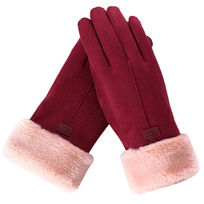 Burgundy red fleece lined gloves with a plush cuff