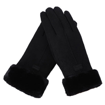 Black faux suede fleece lined gloves with a black fur cuff