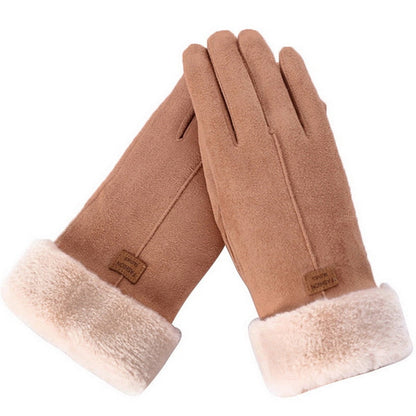 Camel fleece lined gloves with a plush cream cuff