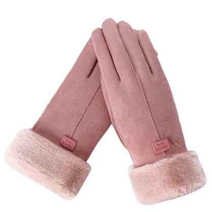 Pink fleece lined gloves with a faux fur cuff