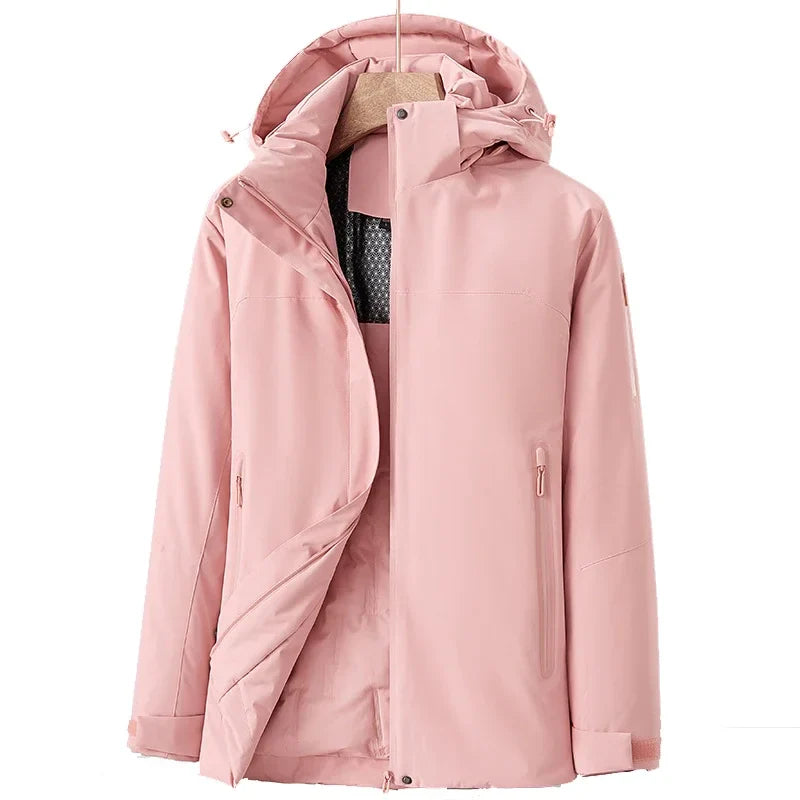 Pink fleece lined hooded shell jacket, front