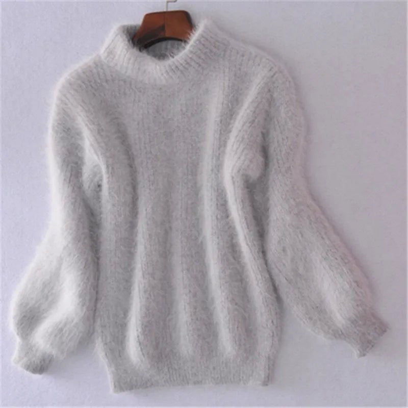 Light gray fluffy knit sweater with balloon sleeves, front view