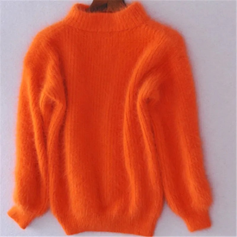 Orange fluffy knit sweater with stand collar, front view
