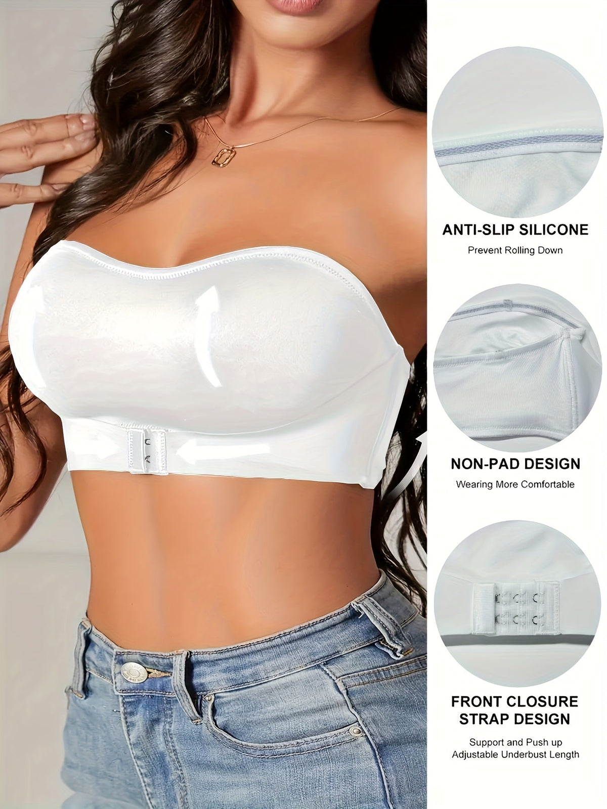 Feature panel showing the white bandeau bra non slip trim and front hooks