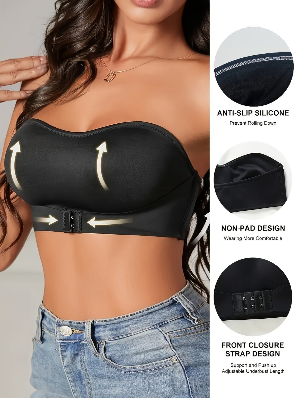 Feature panel showing the black bandeau bra non slip trim and front hooks