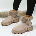 Beige fur cuff platform boots worn with leggings, side view