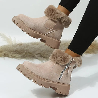 Beige fur cuff platform boots with side zip, angled view