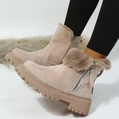 Beige platform boots with fur cuff turned up, side view