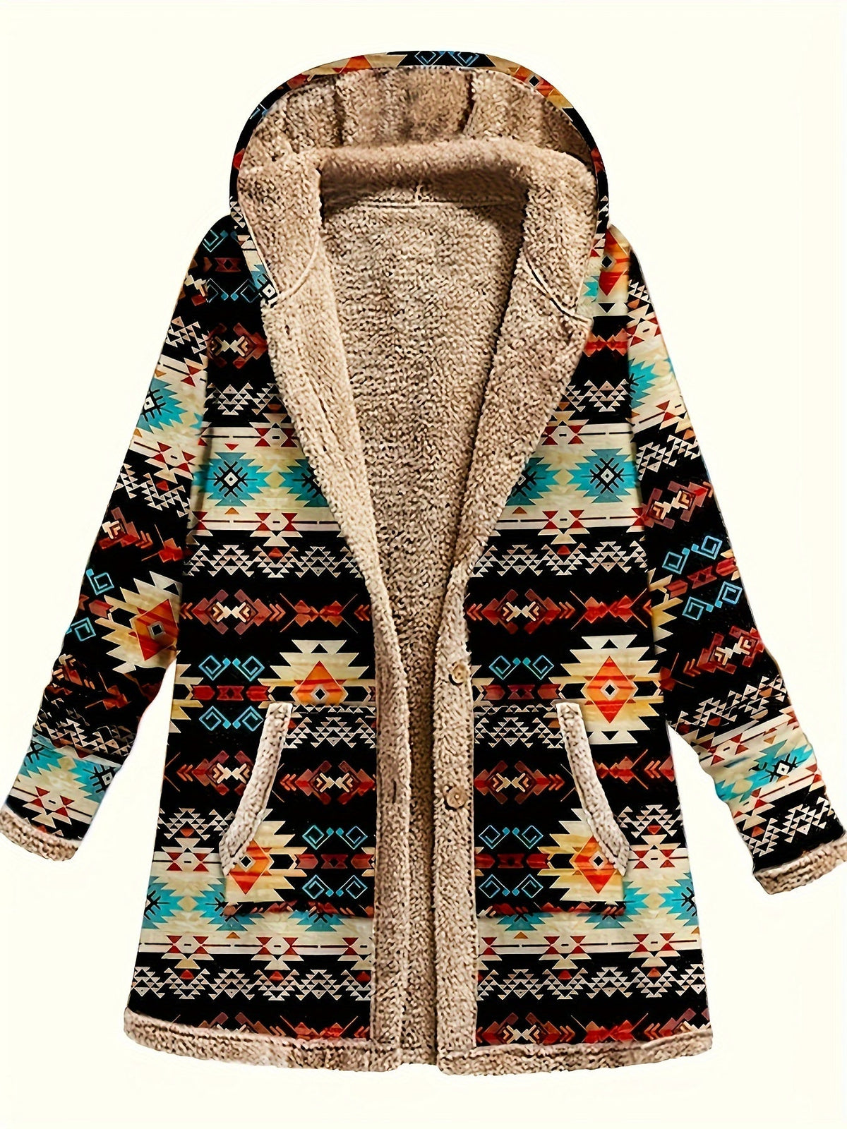 Geometric print hooded coat worn open, front view