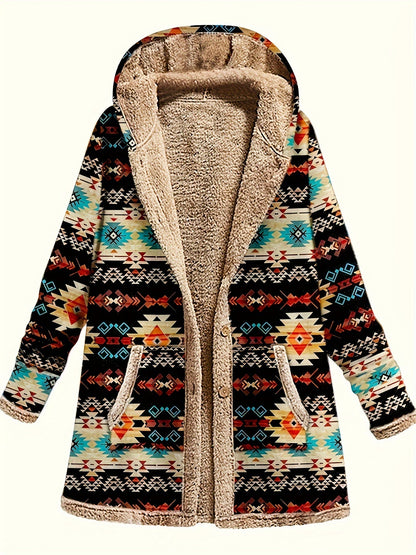 Geometric print hooded coat worn open, front view