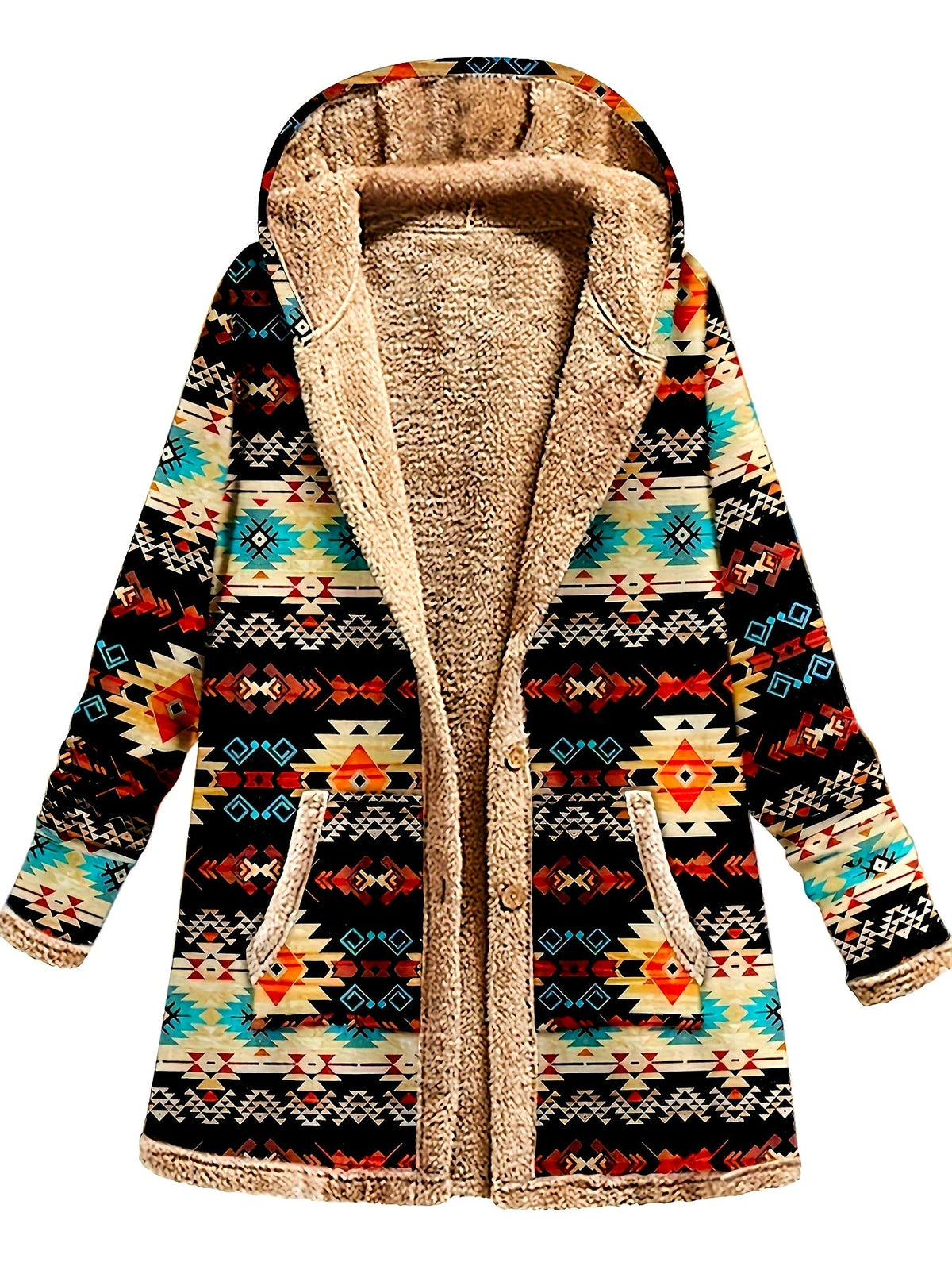 Geometric print sherpa lined coat with front pockets