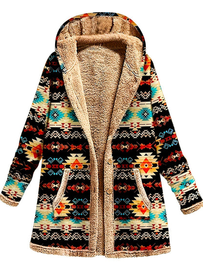 Geometric print sherpa lined coat with front pockets
