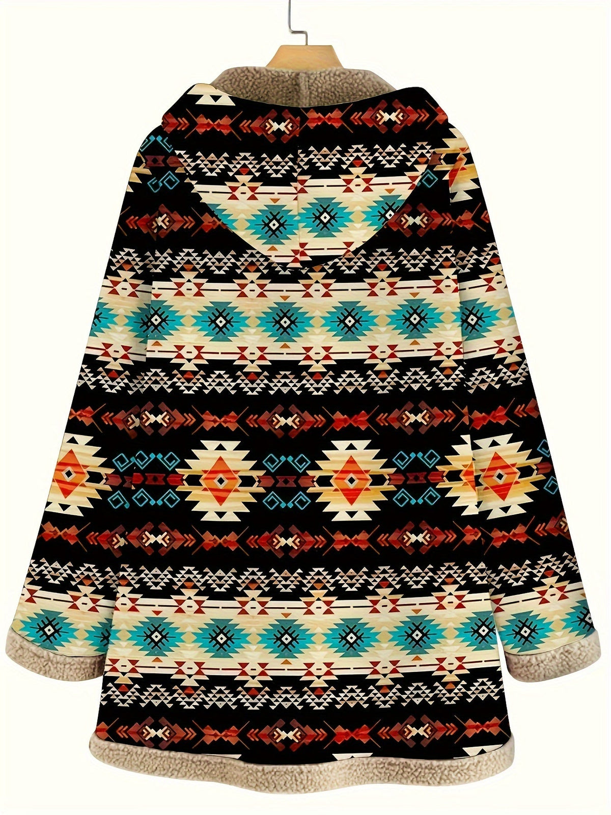 Back view of the geometric print hooded coat