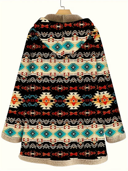 Back view of the geometric print hooded coat