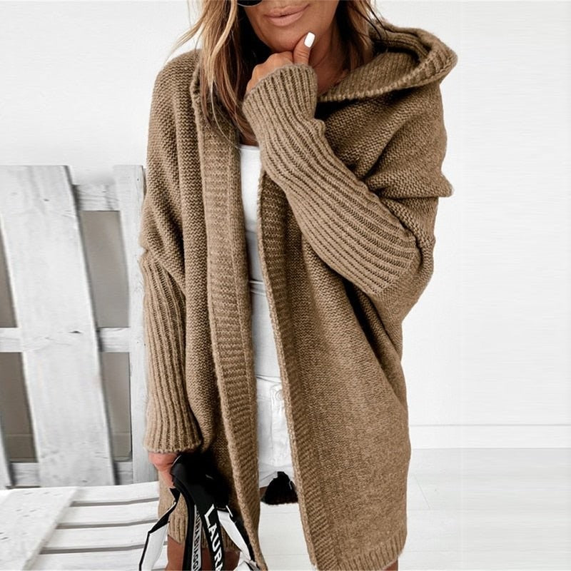 Camel hooded batwing knit cardigan worn open, front view
