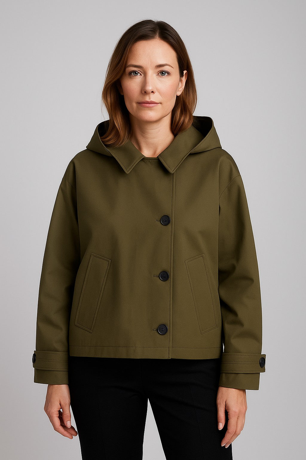 Olive hooded boxy utility jacket worn, front