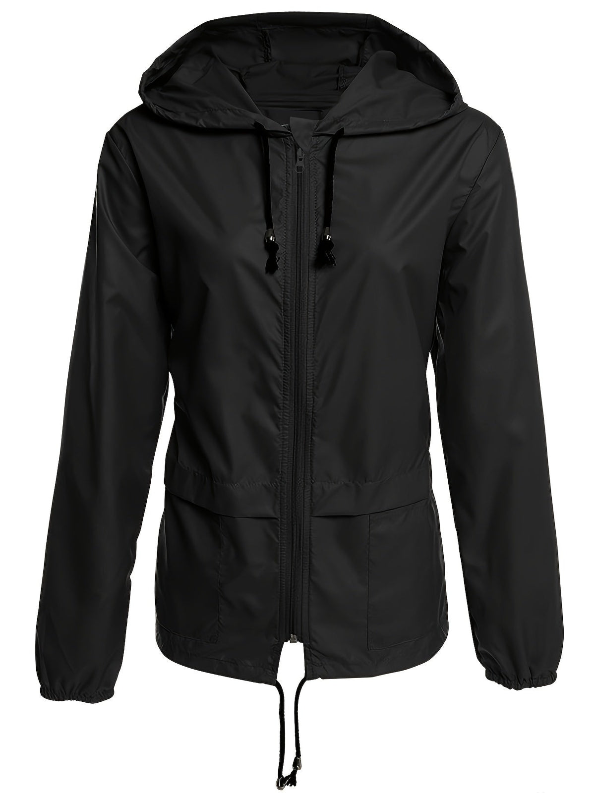 Black hooded drawcord windbreaker, product view