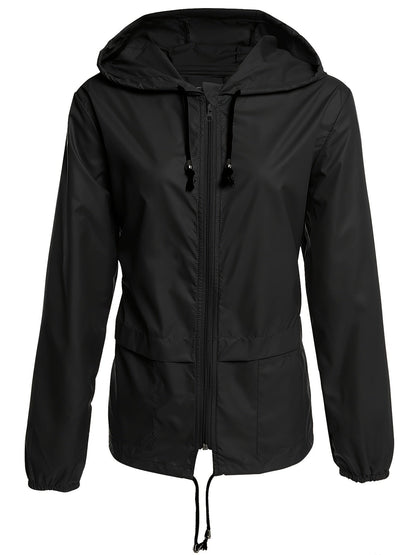 Black hooded drawcord windbreaker, product view