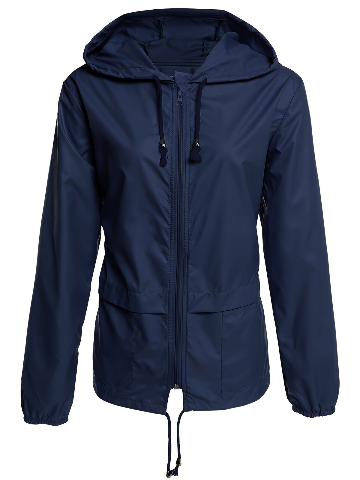 Navy hooded windbreaker with a full zip and pockets