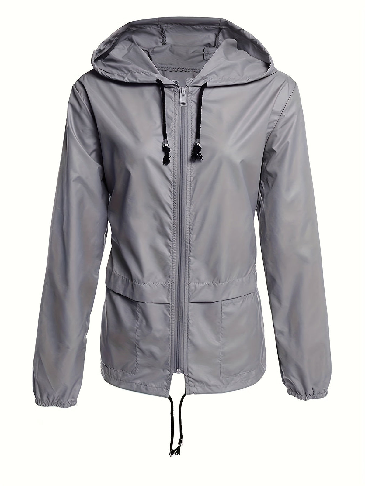 Gray hooded windbreaker with a drawcord hem, product view