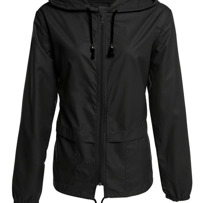 Black windbreaker with a drawstring hood, product view