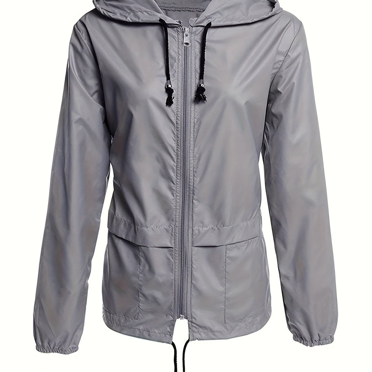 Gray windbreaker with a drawstring hood, product view