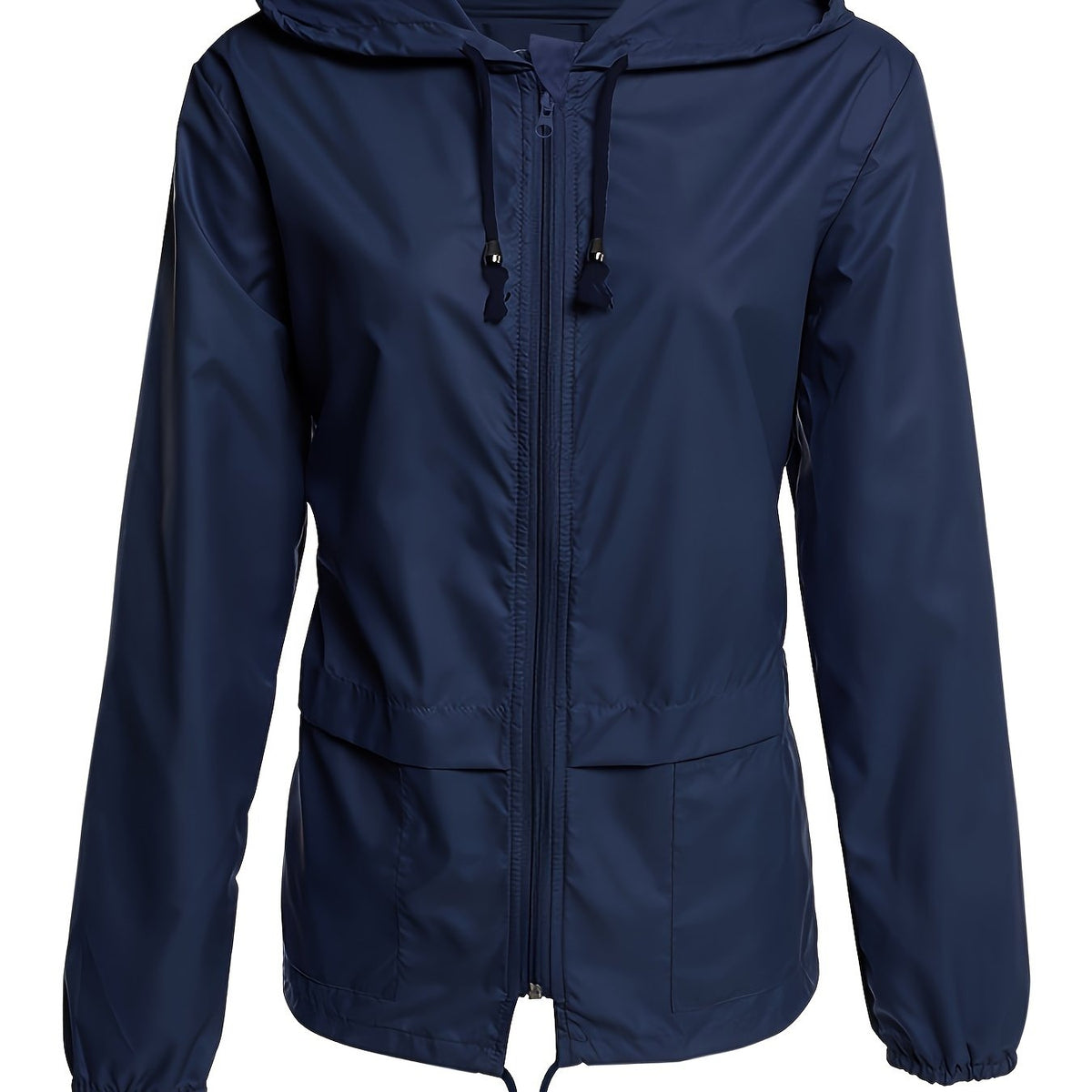Navy windbreaker with a drawstring hood, product view