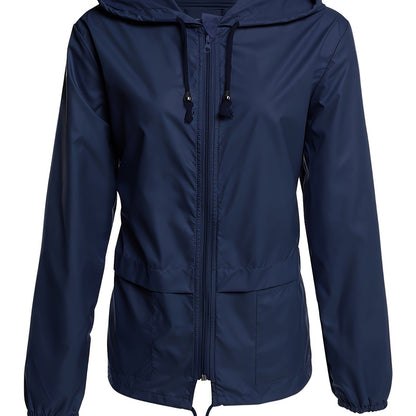 Navy windbreaker with a drawstring hood, product view