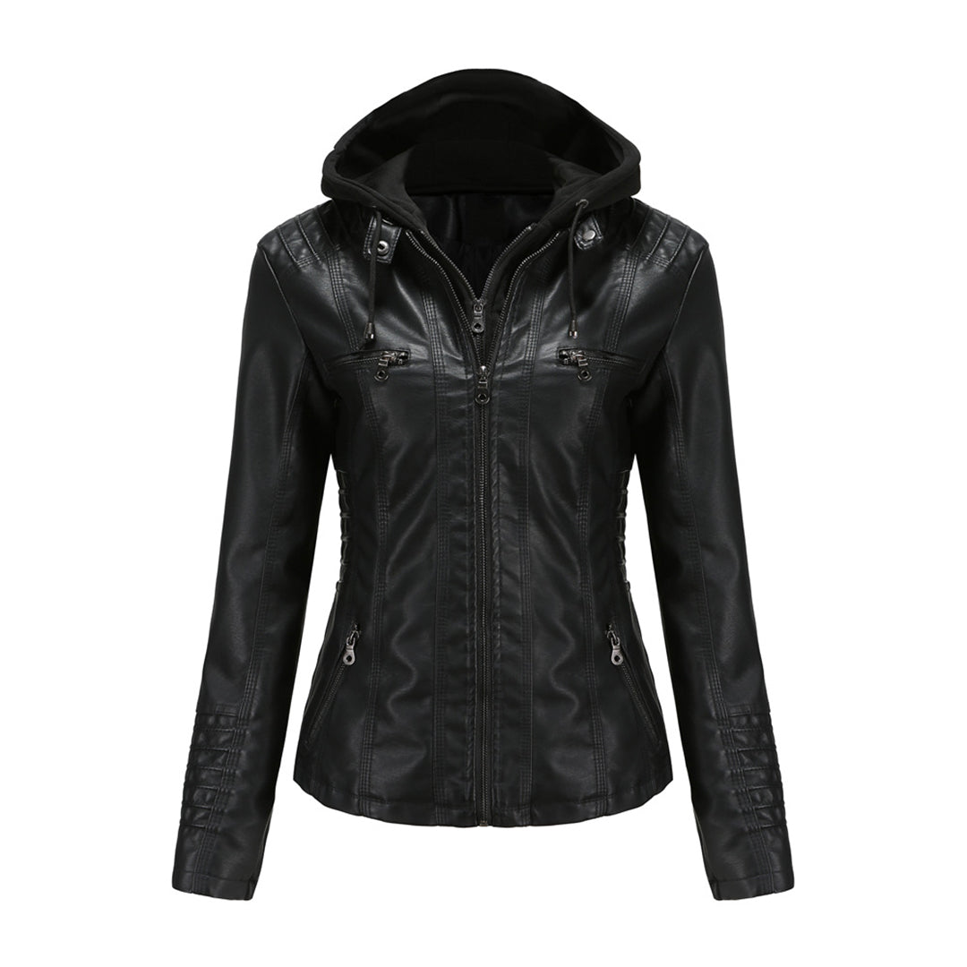Black hooded faux leather jacket, front view