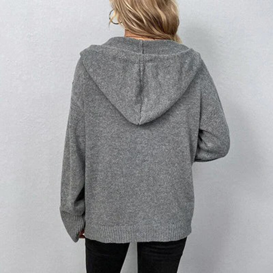 Grey hooded knit cardigan, back view showing the hood and ribbed hem