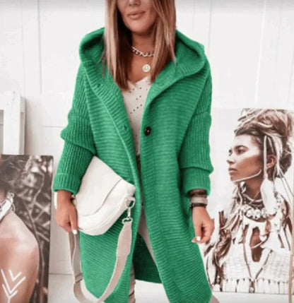 Green chunky rib knit cardigan with oversized hood, worn