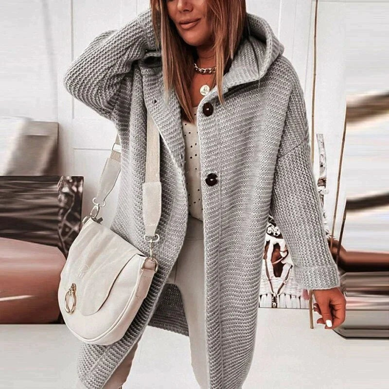 Light gray hooded longline chunky cardigan