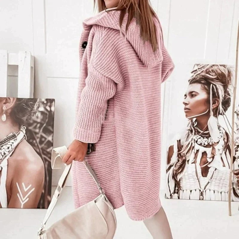 Light pink hooded chunky cardigan, side view