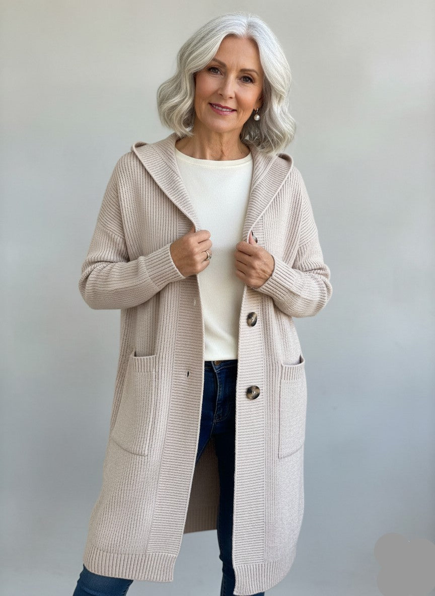 Beige hooded rib cardigan worn open with patch pockets, front view