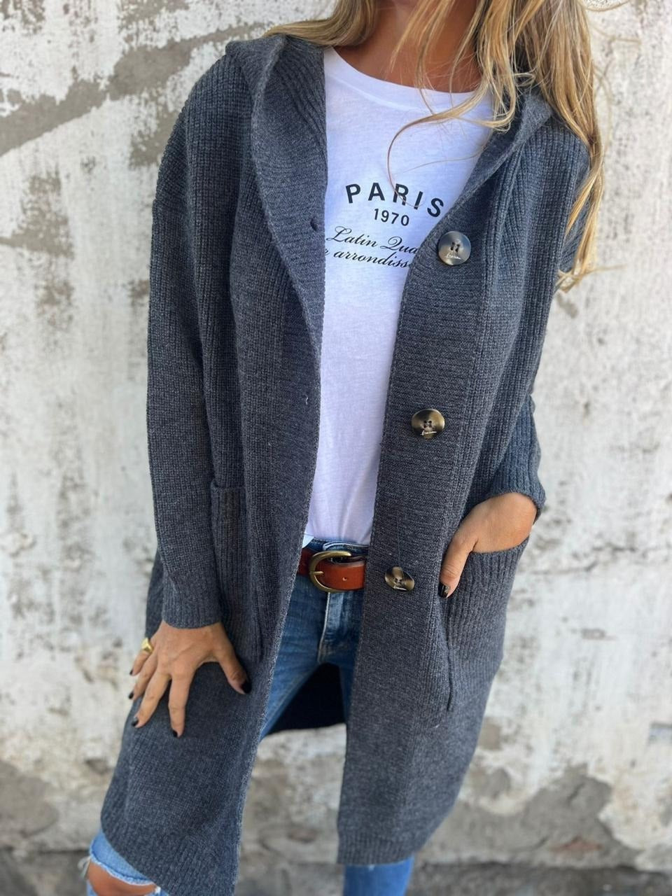 Gray hooded longline cardigan with button front, front view
