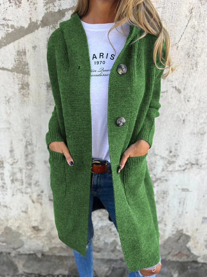 Green hooded longline cardigan with button front, front view