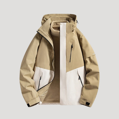 Beige and white color block hooded shell jacket