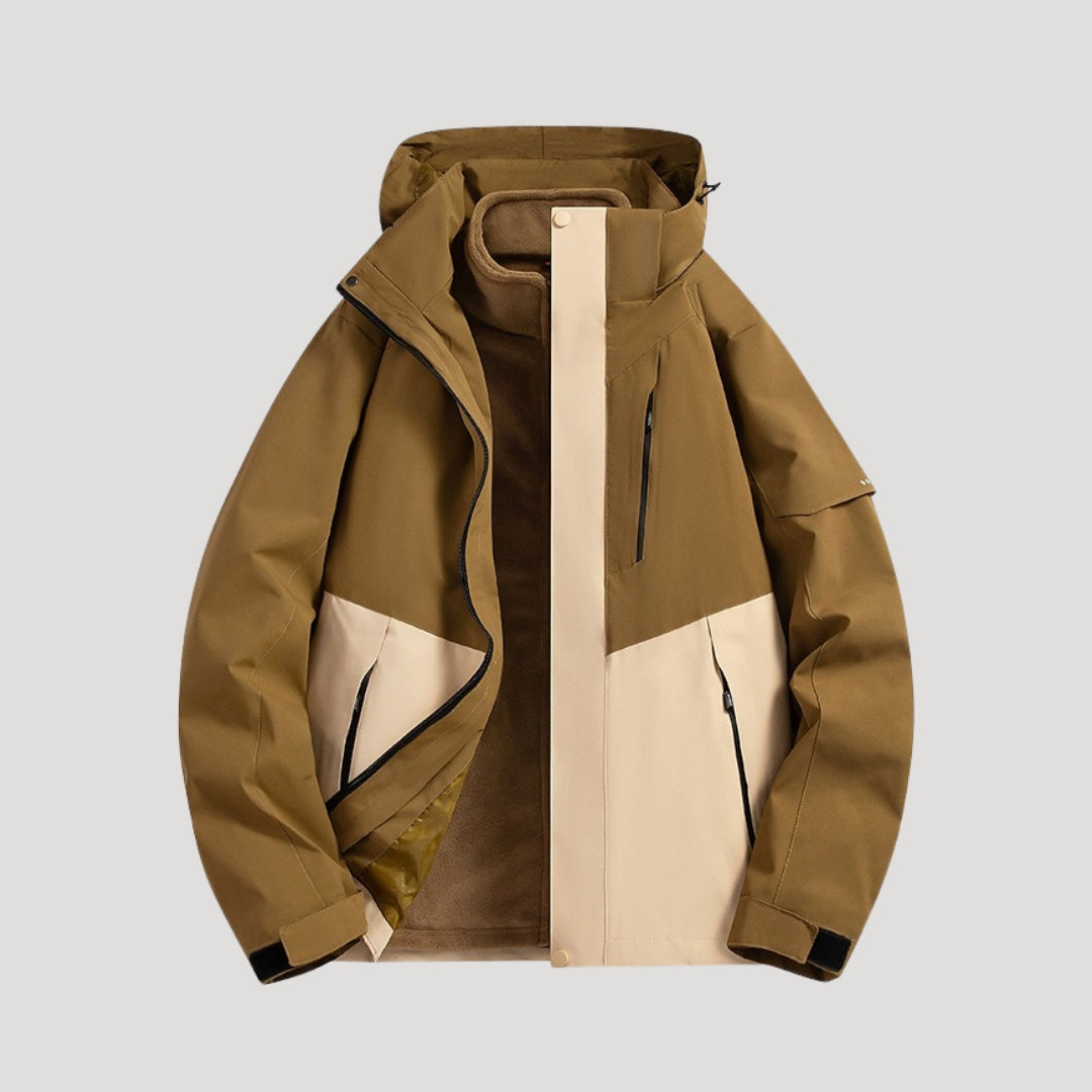 Brown and beige color block hooded shell jacket