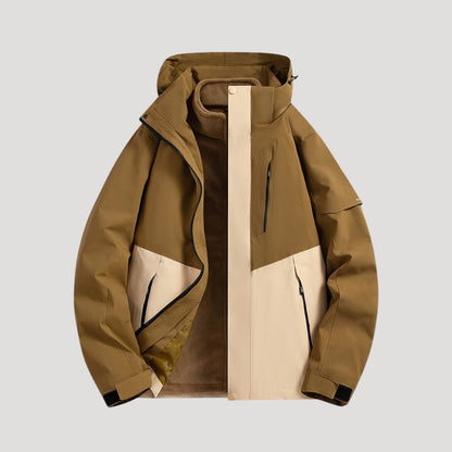 Brown and beige color block hooded shell jacket