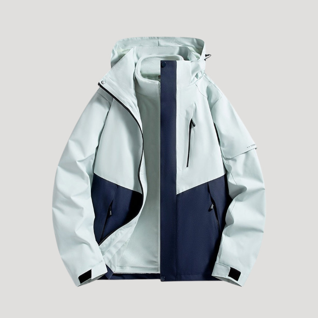 Ice blue and navy color block hooded shell jacket