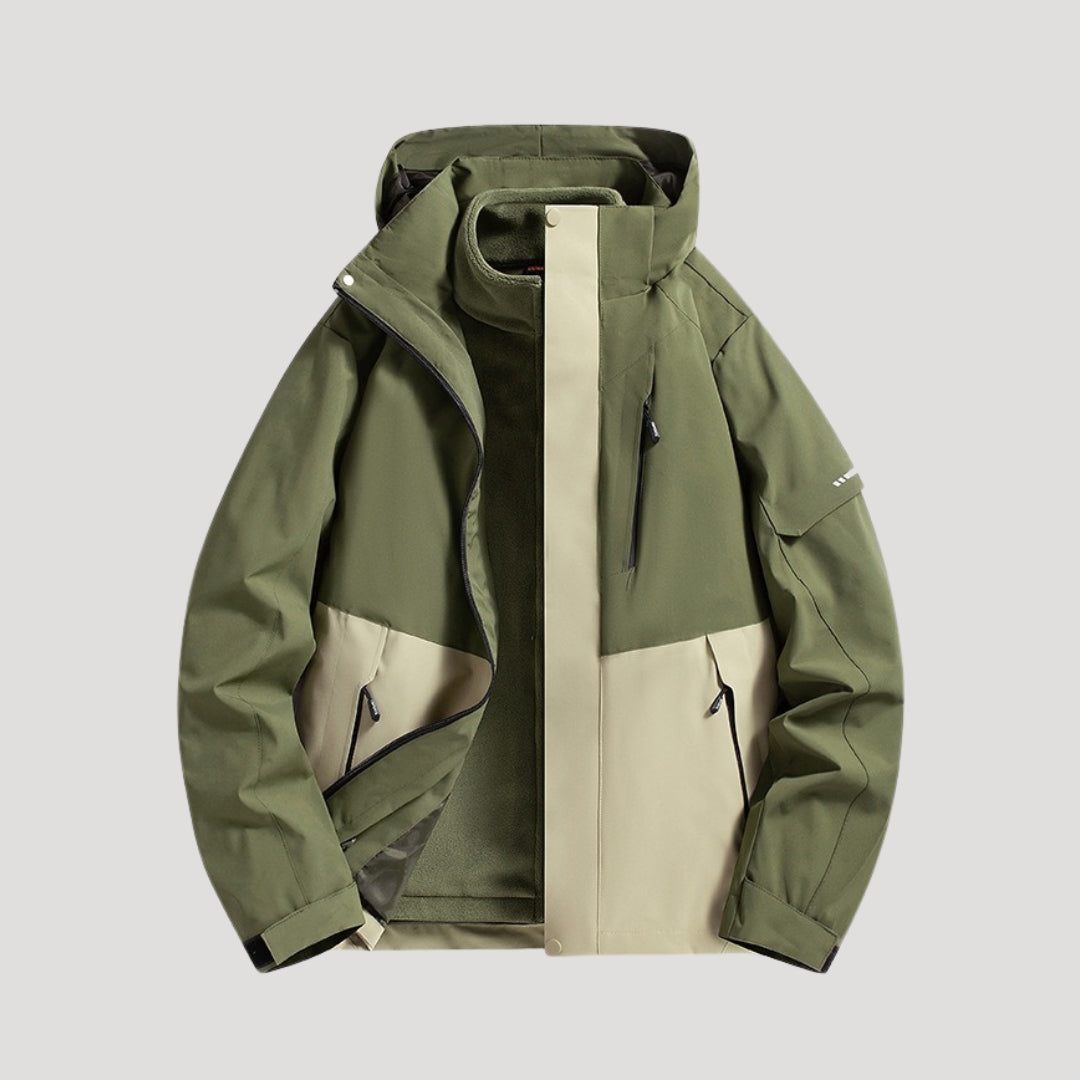 Olive green and cream color block hooded shell jacket