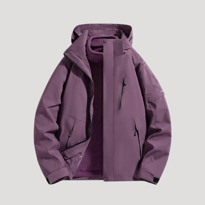 Plum purple hooded shell jacket with zip pockets