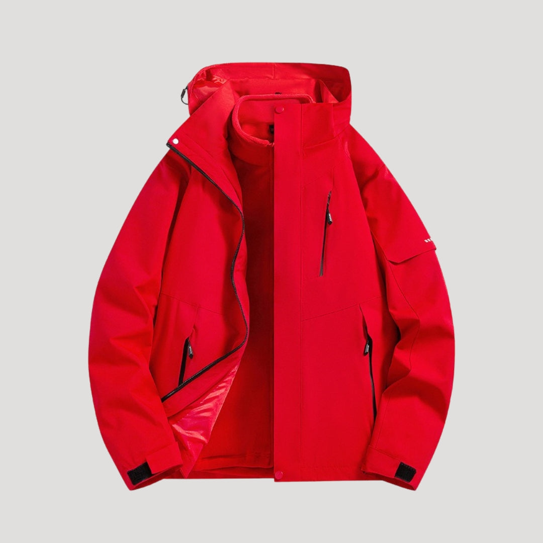 Red hooded shell jacket with a full zip